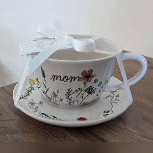 NWT Rae Dunn White Teacup & Saucer Set with Floral Pattern